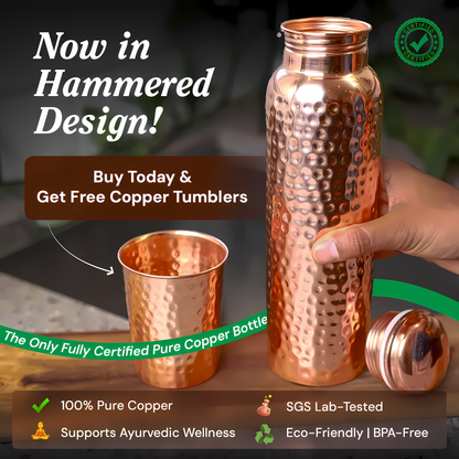 Certified Ayurveda® Pure Copper Water Bottle - V2.2 Hand-Hammered Edition